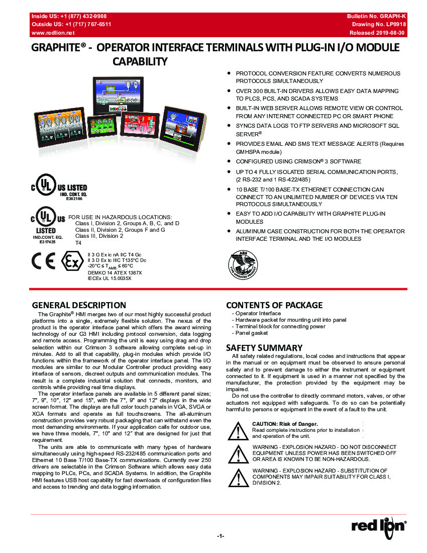 First Page Image of G10R1000 Graphite HMI Series Product Manual.pdf